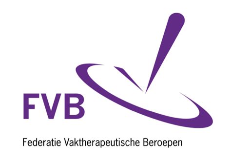 Logo FVB, een paarse cirkel met daarin een rechtopstaande pin, als een soort zonnewijzer, Links onderin de letters FVB en daaronder Federatie Vaktherapeutische beroepen.. Klik om de link te volgen naar de website van de FVB.